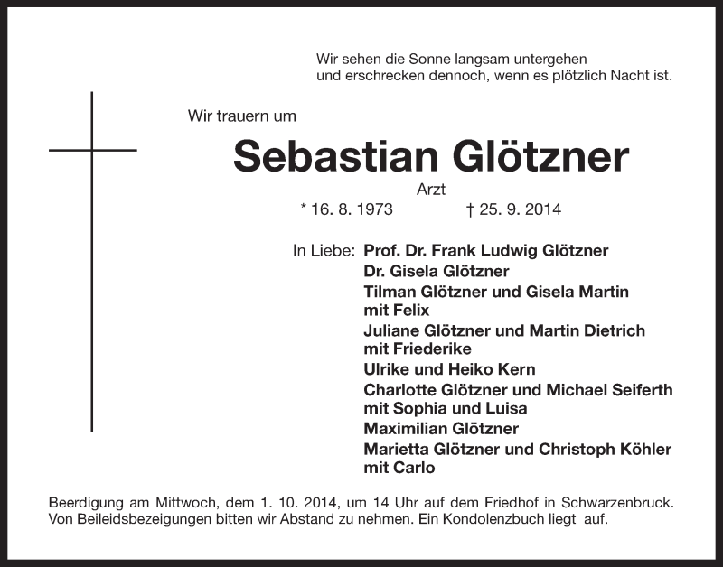  Traueranzeige für Sebastian Glötzner vom 27.09.2014 aus Der Bote