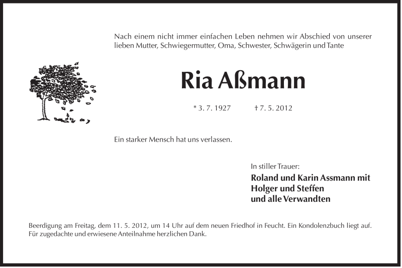  Traueranzeige für Ria Aßmann vom 09.05.2012 aus Der Bote