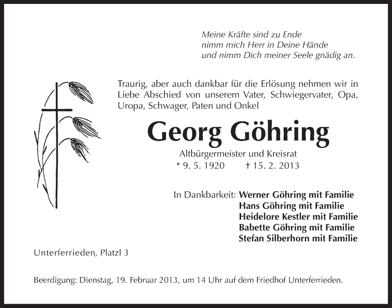  Traueranzeige für Georg Göhring vom 18.02.2013 aus Der Bote