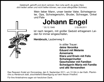 Traueranzeige von Johann Engel von Hersbrucker Zeitung