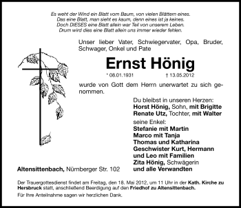 Traueranzeige von Ernst Hönig von Hersbrucker Zeitung