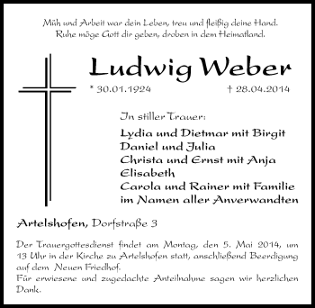 Traueranzeige von Ludwig Weber von Hersbrucker Zeitung
