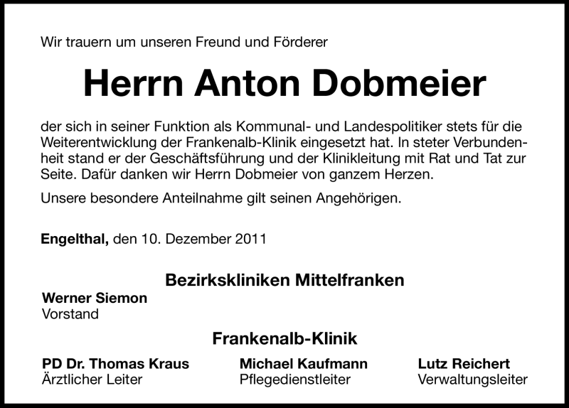  Traueranzeige für Anton Dobmeier vom 10.12.2011 aus Hersbrucker Zeitung