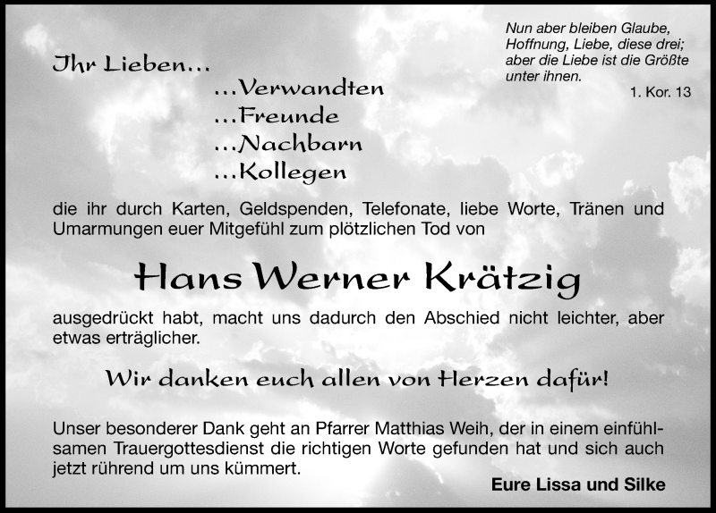  Traueranzeige für Hans Werner Krätzig vom 19.04.2014 aus Hersbrucker Zeitung