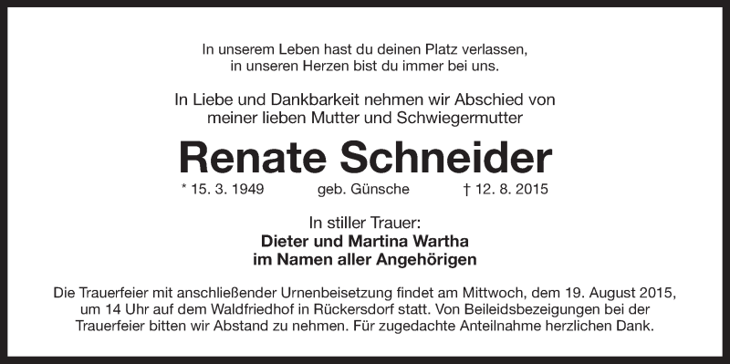  Traueranzeige für Renate Schneider vom 15.08.2015 aus Der Bote