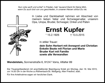 Traueranzeige von Ernst Kupfer von Hersbrucker Zeitung