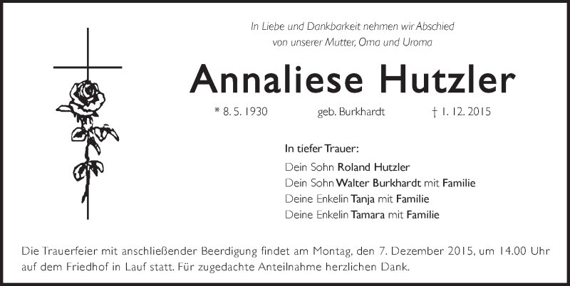  Traueranzeige für Annaliese Hutzler vom 05.12.2015 aus Pegnitz-Zeitung