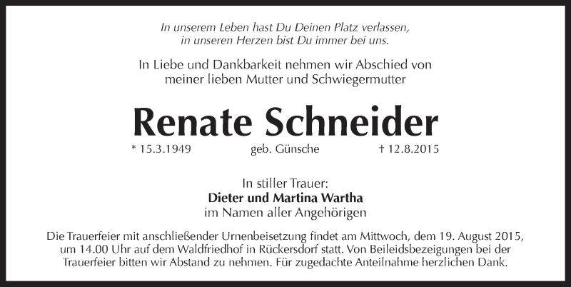  Traueranzeige für Renate Schneider vom 15.08.2015 aus Pegnitz-Zeitung