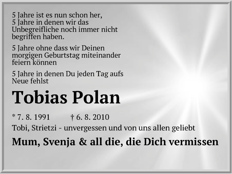  Traueranzeige für Tobias Polan vom 06.08.2015 aus Pegnitz-Zeitung