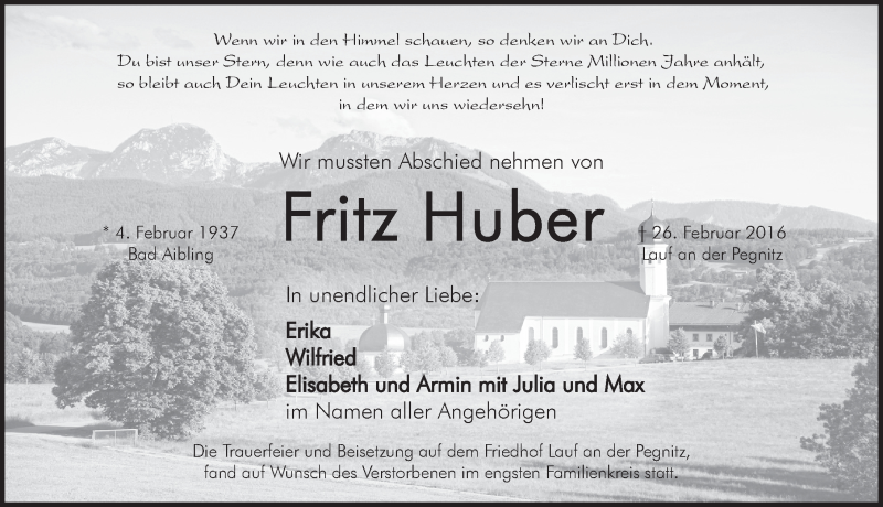  Traueranzeige für Fritz Huber vom 05.03.2016 aus Pegnitz-Zeitung