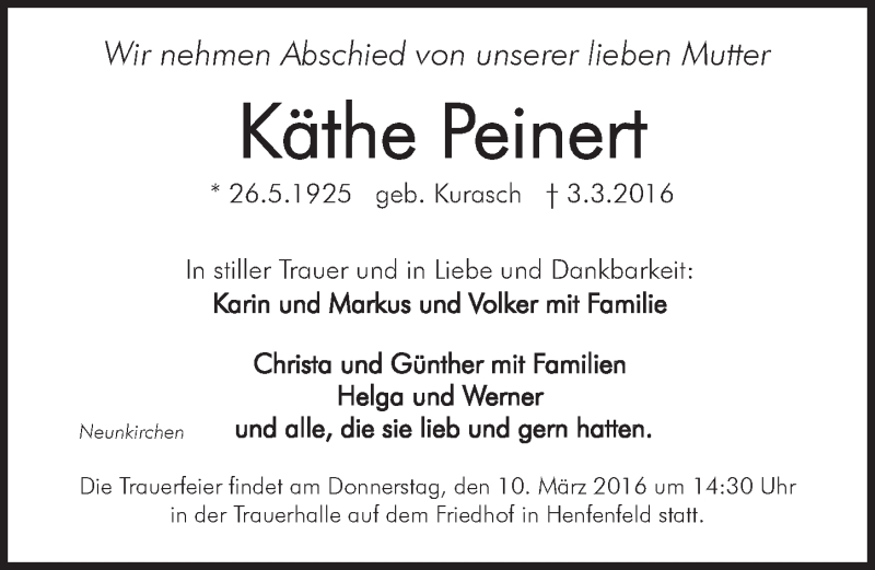  Traueranzeige für Käthe Peinert vom 07.03.2016 aus Hersbrucker Zeitung