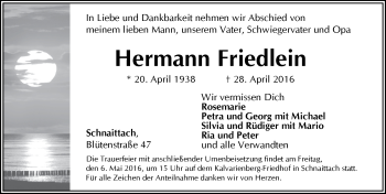 Traueranzeige von Hermann Friedlein von Pegnitz-Zeitung