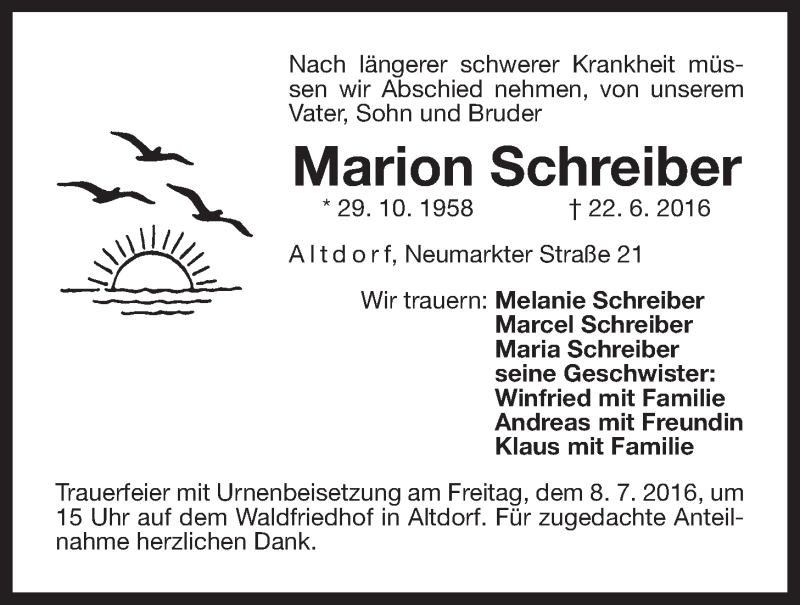  Traueranzeige für Marion Schreiber vom 06.07.2016 aus Der Bote