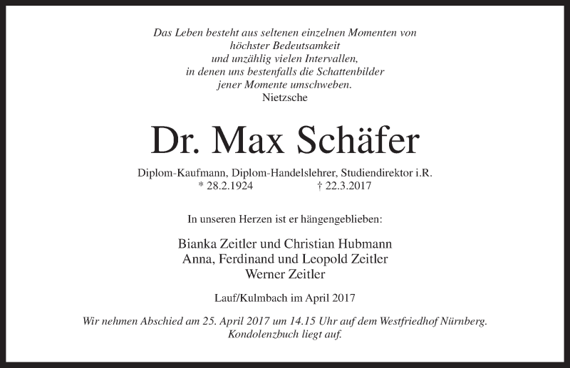  Traueranzeige für Max Schäfer vom 22.04.2017 aus Pegnitz-Zeitung