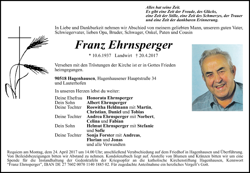  Traueranzeige für Franz Ehrnsperger vom 22.04.2017 aus Der Bote