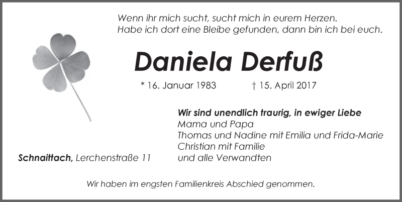  Traueranzeige für Daniela Derfuß vom 22.04.2017 aus Pegnitz-Zeitung