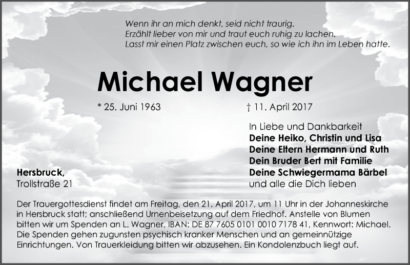  Traueranzeige für Michael Wagner vom 19.04.2017 aus Hersbrucker Zeitung