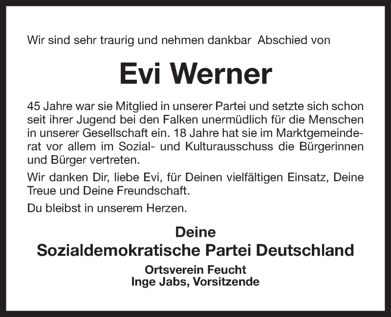  Traueranzeige für Evi Werner vom 19.05.2017 aus Der Bote