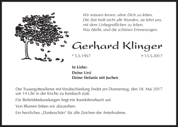 Traueranzeige von Gerhard Klinger von Pegnitz-Zeitung