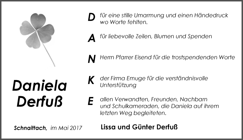  Traueranzeige für Daniela Derfuß vom 13.05.2017 aus Pegnitz-Zeitung