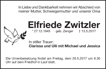 Traueranzeige von Elfriede Zwitzler von Pegnitz-Zeitung