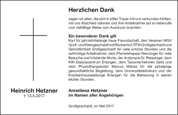 Traueranzeige von Heinrich Hetzner von Pegnitz-Zeitung