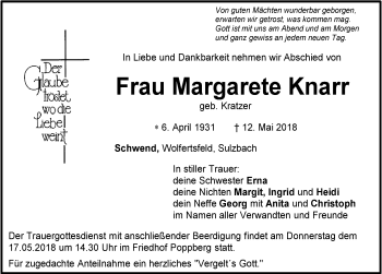 Traueranzeige von Margarete Knarr von Hersbrucker Zeitung