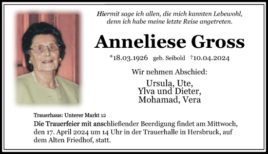 Traueranzeige von Anneliese Gross von Hersbrucker Zeitung Lokal