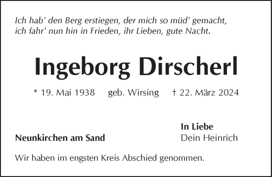 Traueranzeige von Ingeborg Dirscherl von Pegnitz-Zeitung