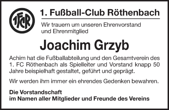Traueranzeige von Joachim Grzyb von Pegnitz-Zeitung