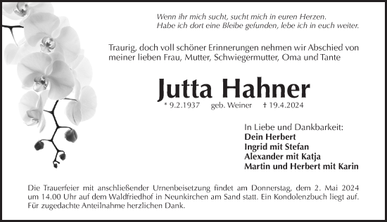Traueranzeige von Jutta Hahner von Pegnitz-Zeitung