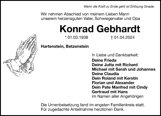 Traueranzeige von Konrad Gebhardt von Hersbrucker Zeitung Lokal