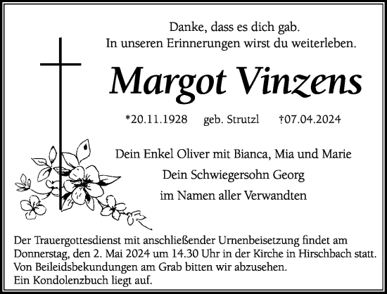 Traueranzeige von Margot Vinzens von Hersbrucker Zeitung Lokal