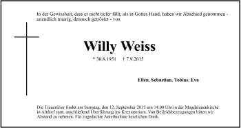 Traueranzeige von Willy Weiss von Der Bote