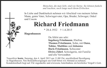 Traueranzeige von Richard Friedmann von Der Bote