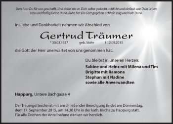 Traueranzeige von Gertrud Träumer von Hersbrucker Zeitung