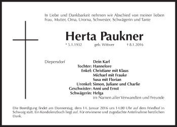 Traueranzeige von Herta Paukner von Pegnitz-Zeitung