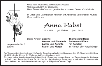 Traueranzeige von Anna Pabst von Pegnitz-Zeitung