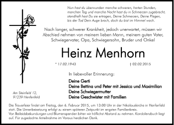Traueranzeige von Heinz Menhorn von Hersbrucker Zeitung