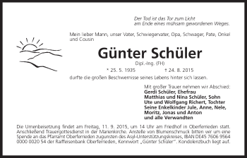 Traueranzeige von Günter Schüler von Der Bote
