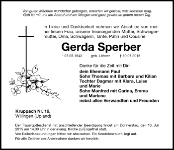 Traueranzeige von Gerda Sperber von Hersbrucker Zeitung