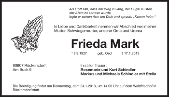 Traueranzeige von Frieda Mark von Pegnitz-Zeitung