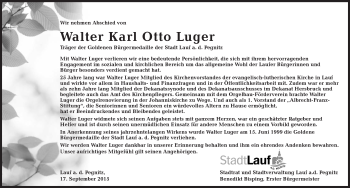Traueranzeige von Walter Karl Otto Luger von Pegnitz-Zeitung