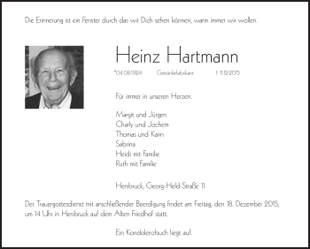 Traueranzeige von Heinz Hartmann von Hersbrucker Zeitung