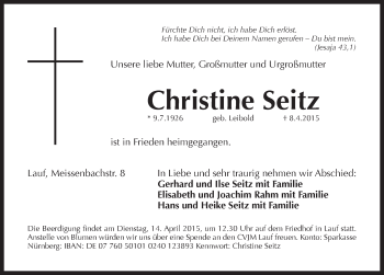 Traueranzeige von Christine Seitz von Pegnitz-Zeitung