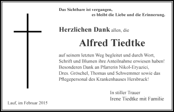 Traueranzeige von Alfred Tiedtke von Pegnitz-Zeitung