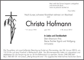 Traueranzeige von Christa Hofmann von Pegnitz-Zeitung