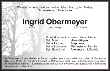 Traueranzeige von Ingrid Obermeyer von Hersbrucker Zeitung