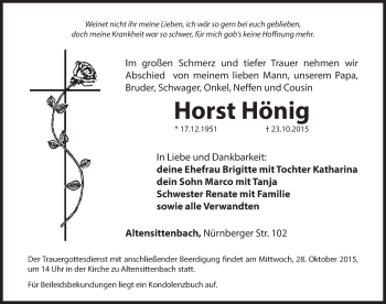 Traueranzeige von Horst Hönig von Hersbrucker Zeitung