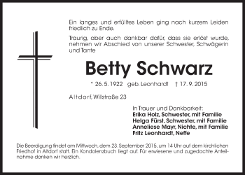 Traueranzeige von Betty Schwarz von Der Bote